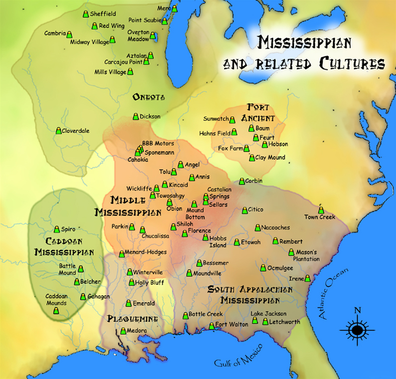 map showing approximate areas of various Mississippian and related cultures